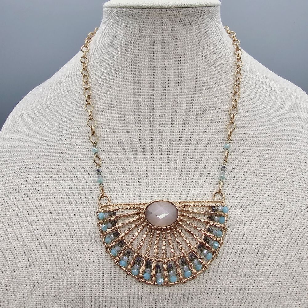 Gold-Tone Fan Pendant Necklace with Light Blue Stones
